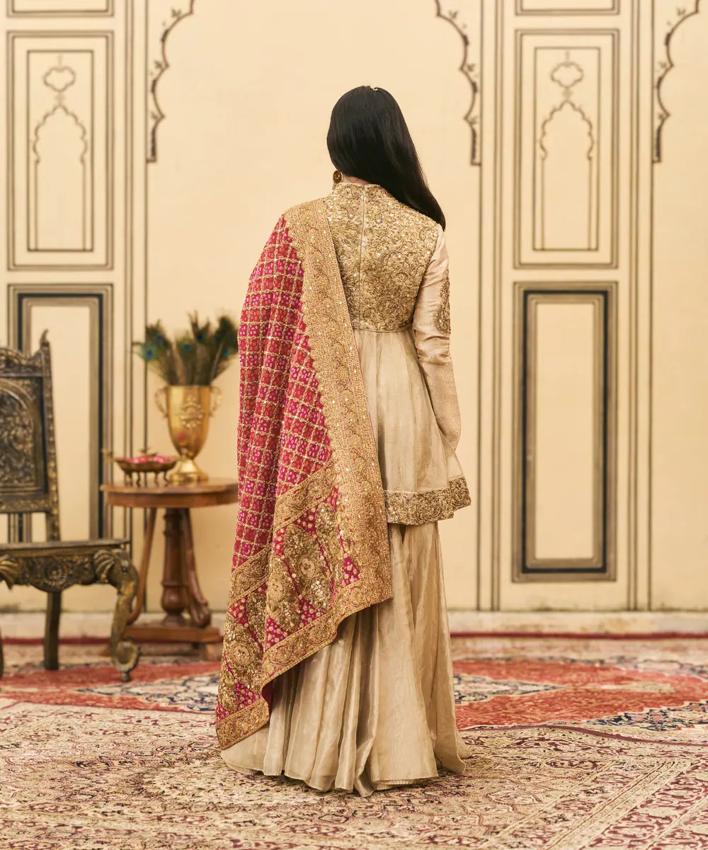 Sunhari-Gulal Tissue Bandhej Sharara Set