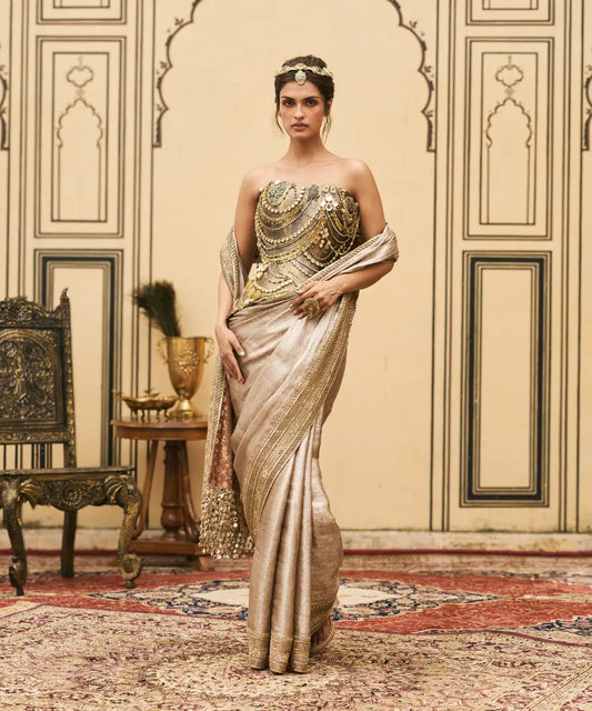 Gulnaar Tissue Brocade Metal Saree Set