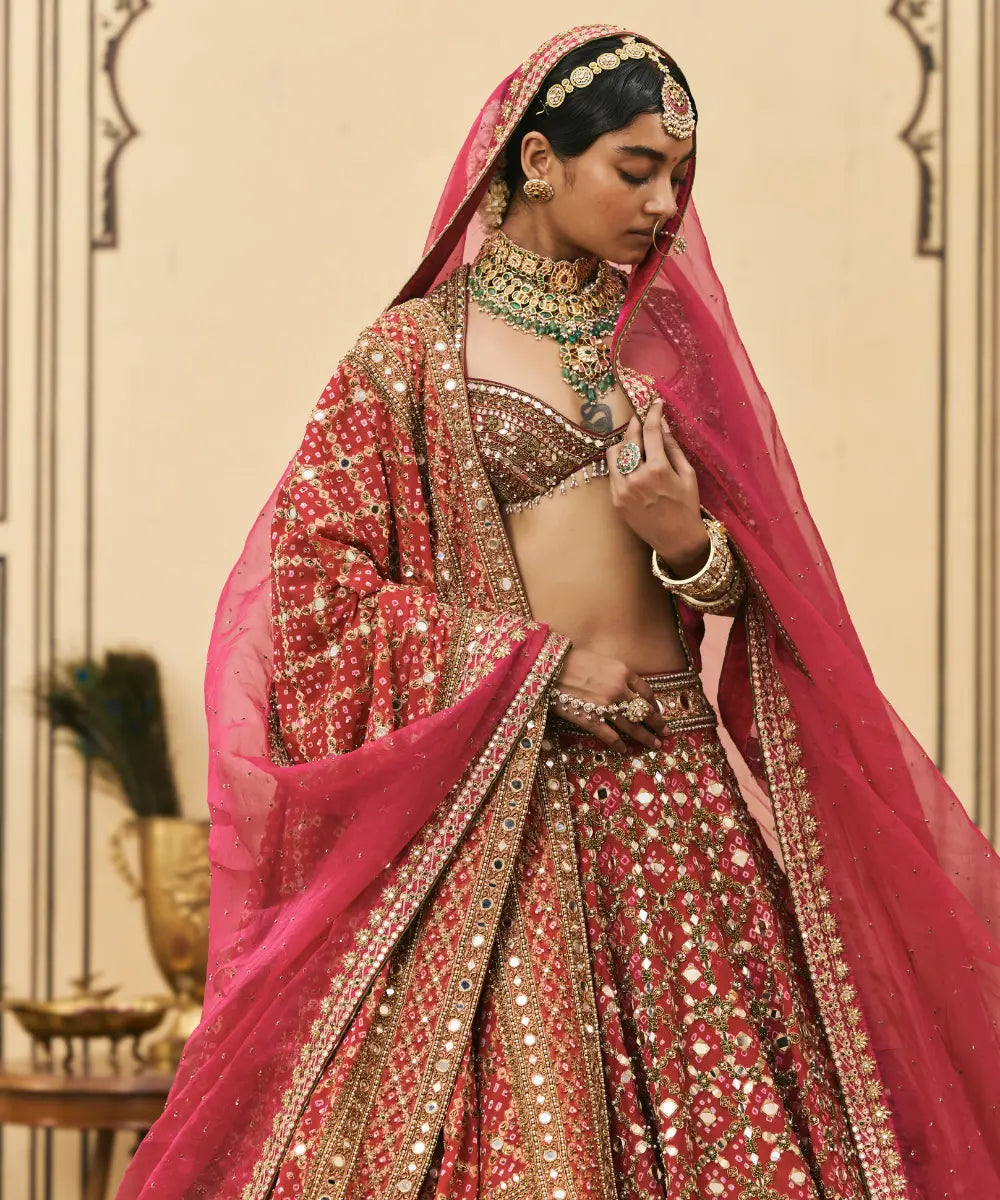 Gulabi Bandhej Georgette Lehenga Set
