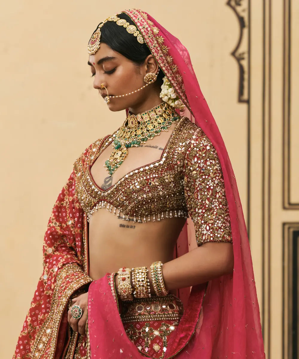 Gulabi Bandhej Georgette Lehenga Set