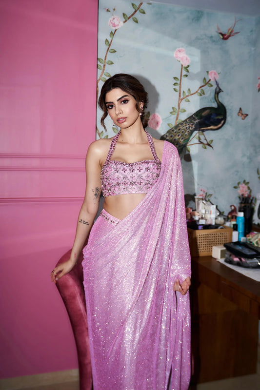 Khushi Kapoor in Pink Mystic Saree Set