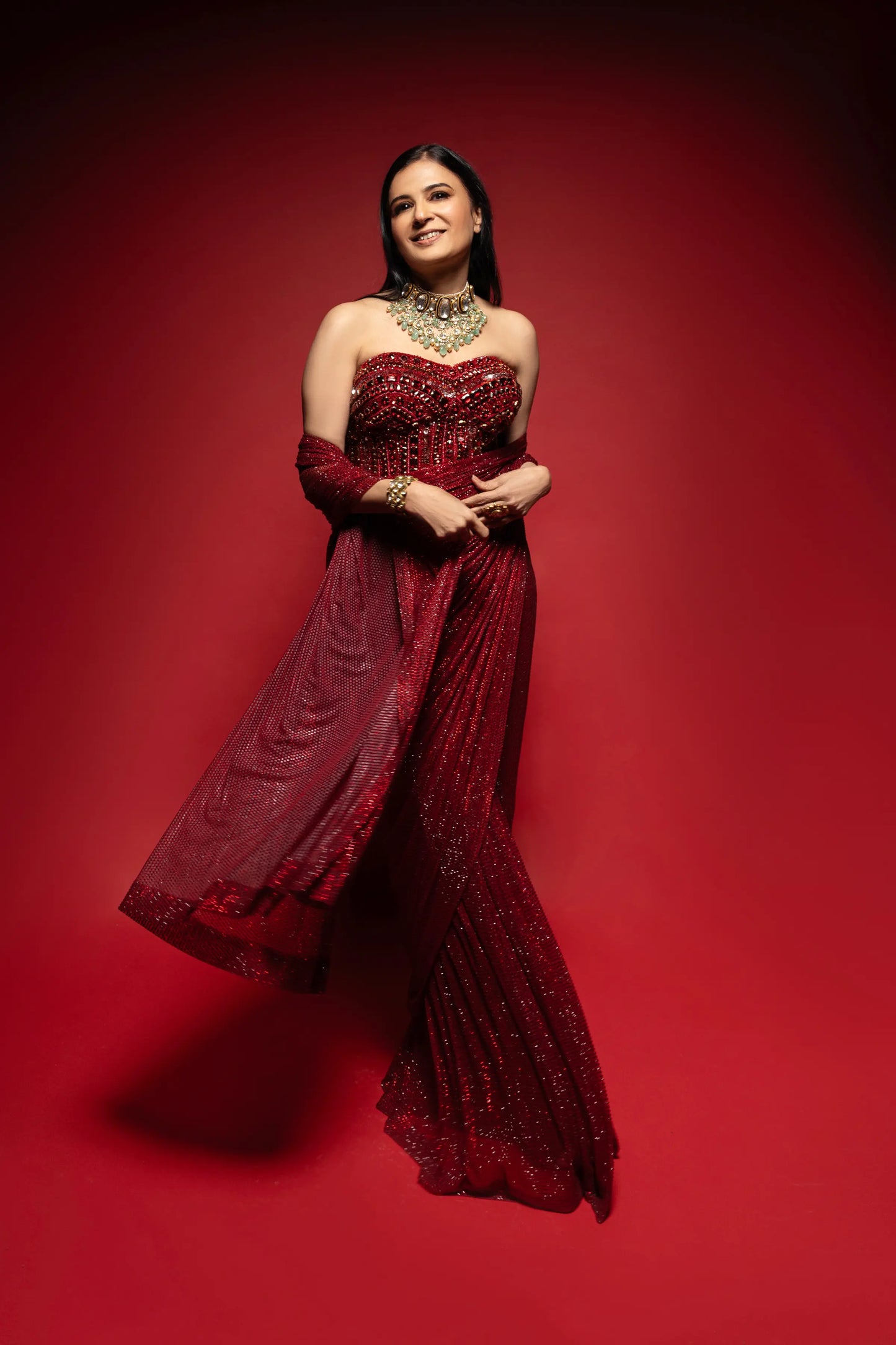 Divya Gurwara in Crimson Stardust Drape Set