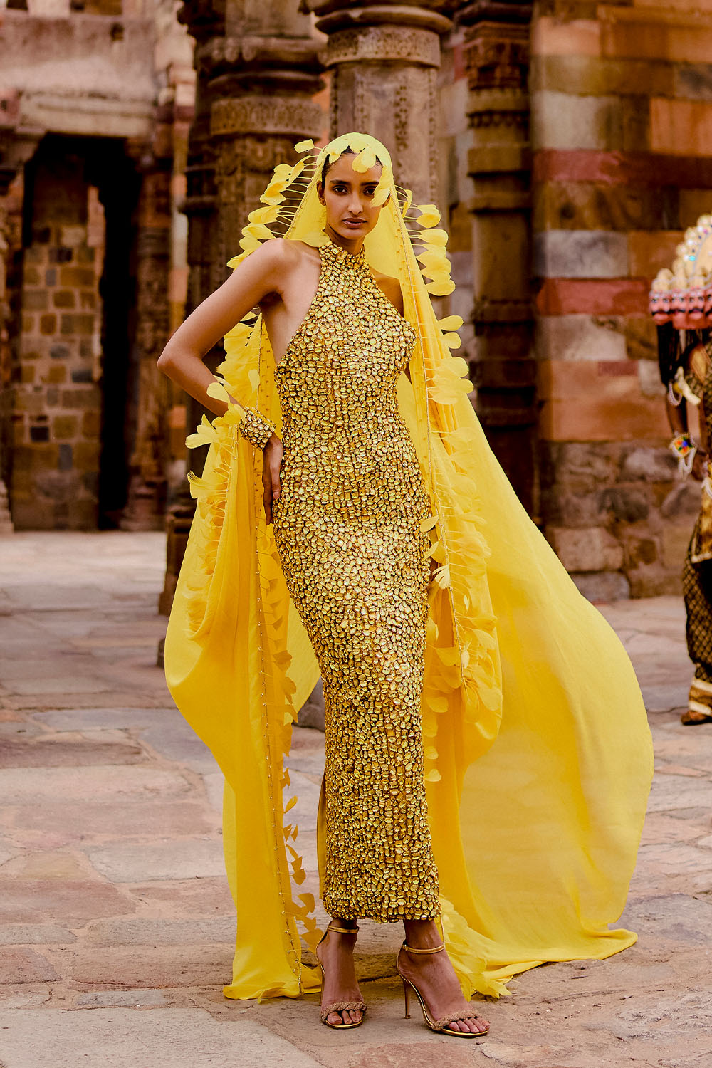 Sonee Yellow Stone Dress With Cape