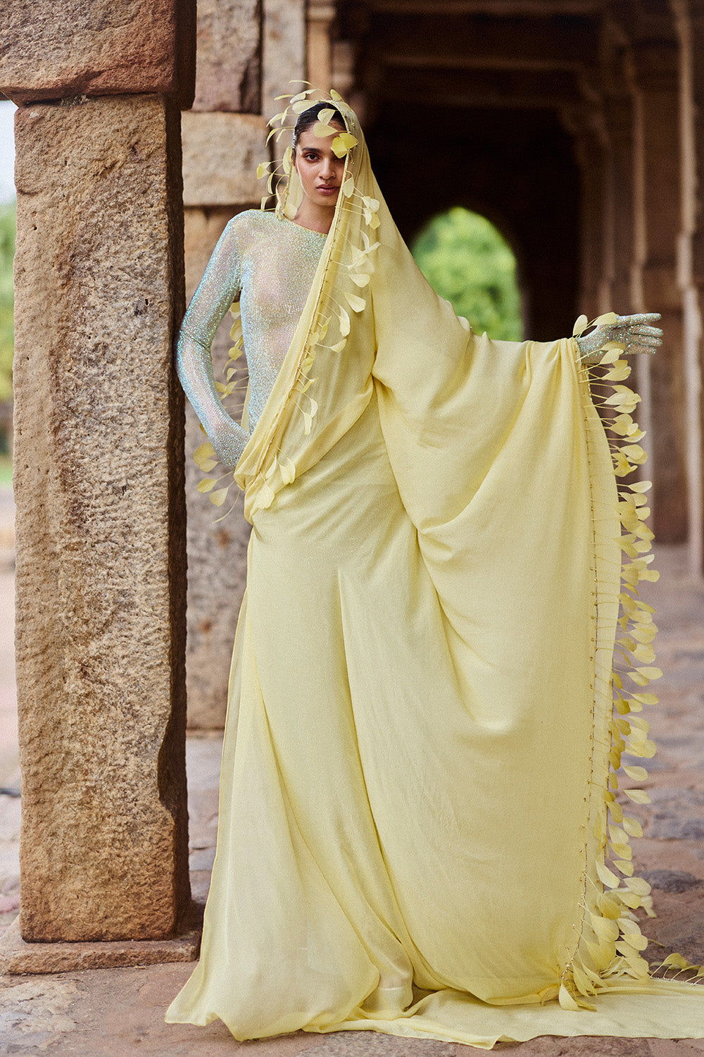 Praavya Yellow Gown With Gloves And Atta