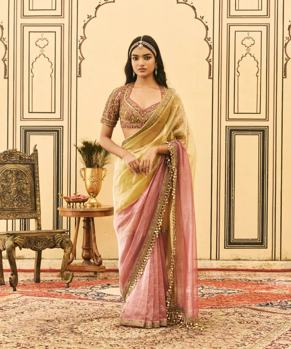 Peela-Gulabi Tissue Zardosi Saree Set