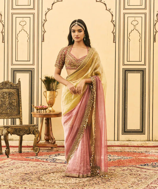 Peela-Gulabi Tissue Zardosi Saree Set