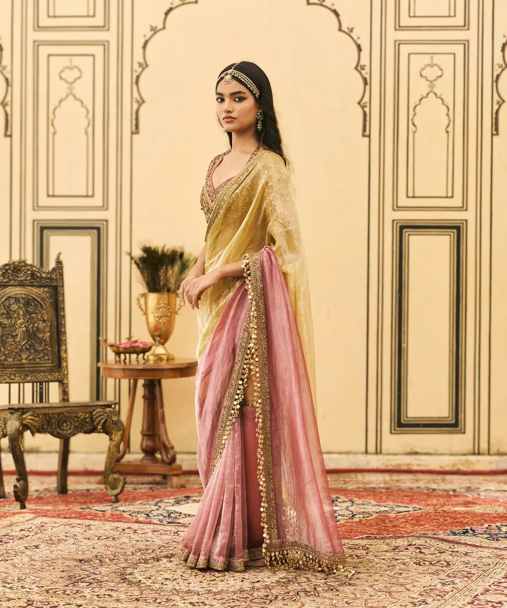 Peela-Gulabi Tissue Zardosi Saree Set
