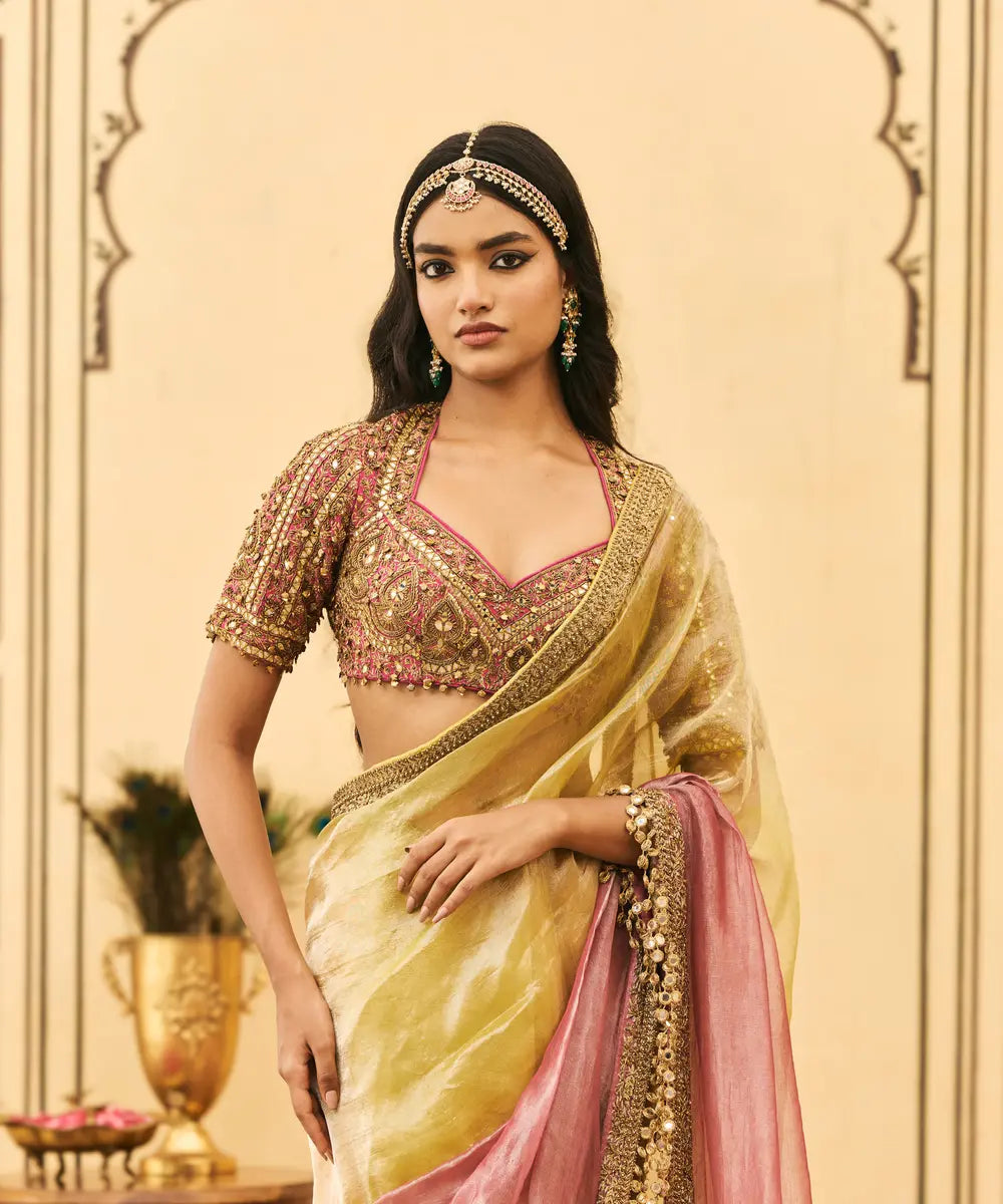 Peela-Gulabi Tissue Zardosi Saree Set