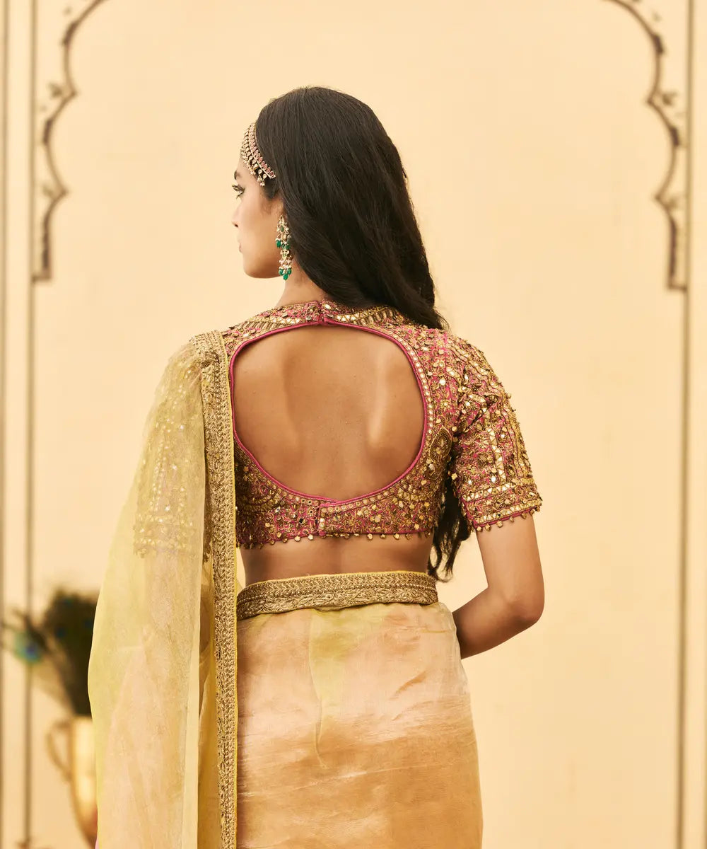 Peela-Gulabi Tissue Zardosi Saree Set