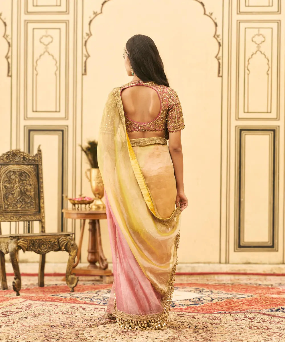 Peela-Gulabi Tissue Zardosi Saree Set