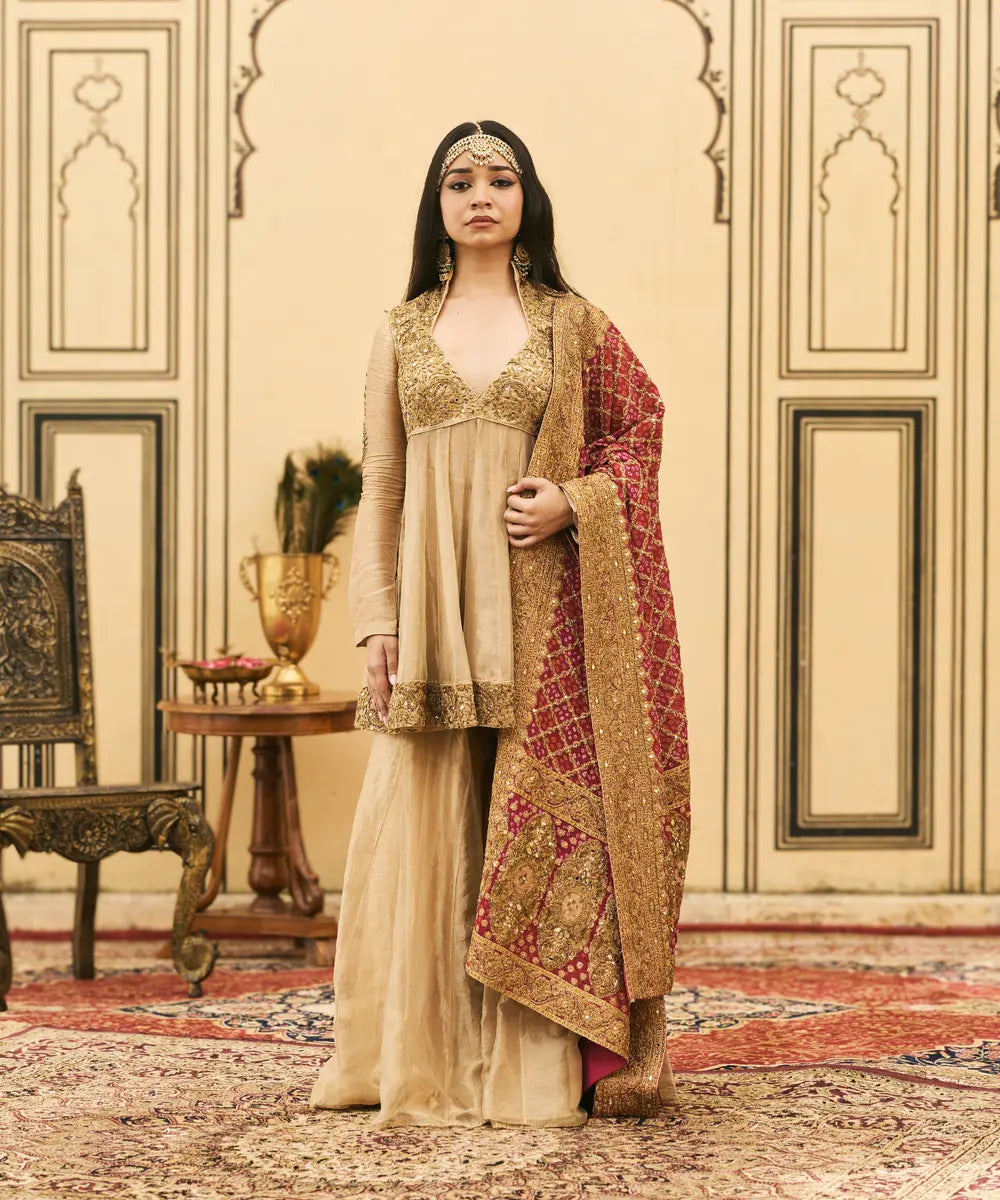 Sunhari-Gulal Tissue Bandhej Sharara Set