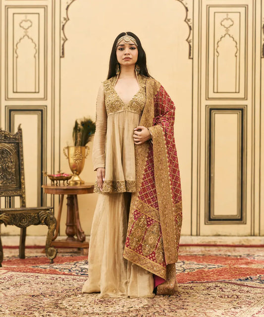 Sunhari-Gulal Tissue Bandhej Sharara Set