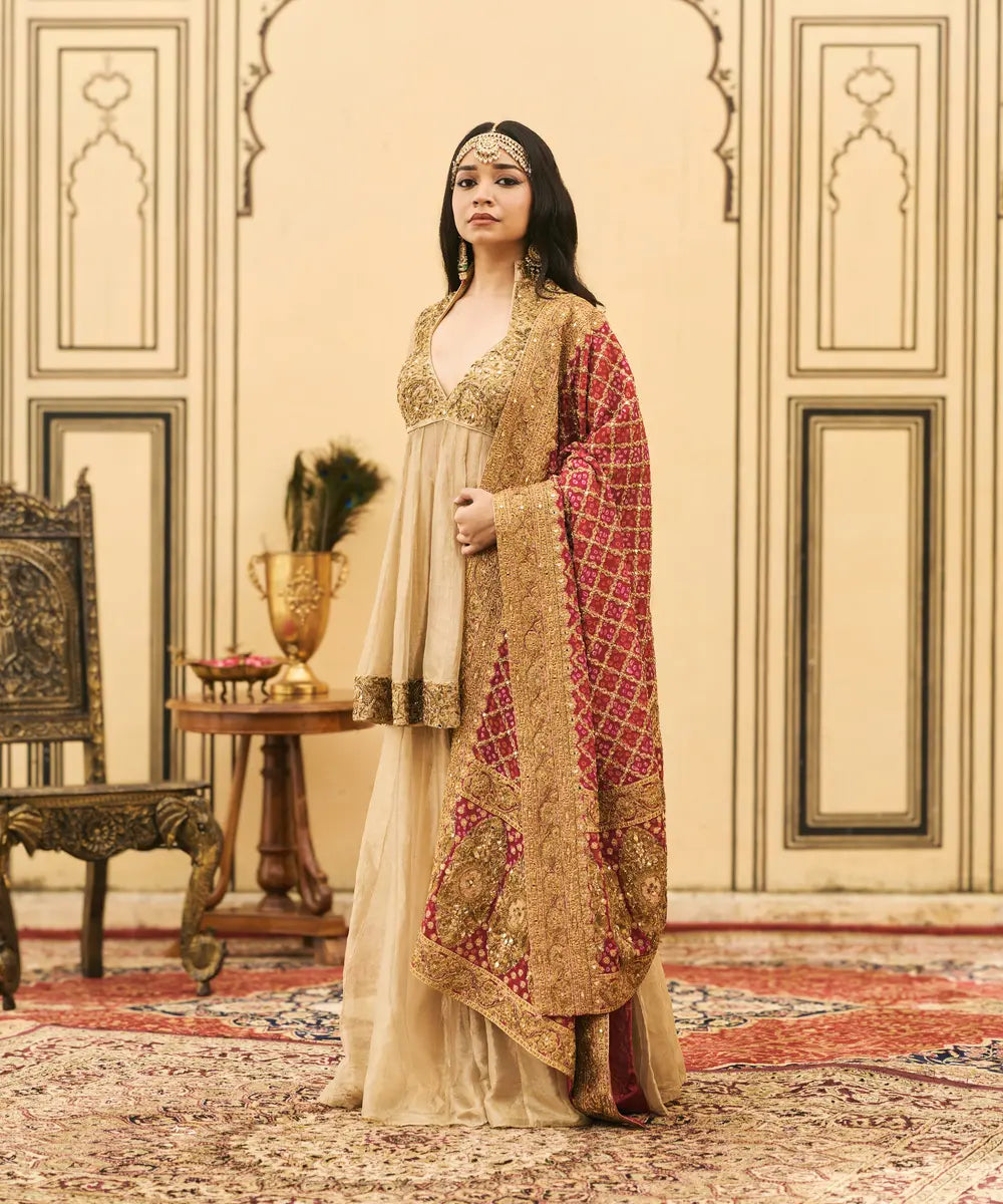 Sunhari-Gulal Tissue Bandhej Sharara Set
