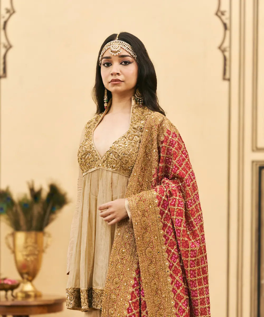 Sunhari-Gulal Tissue Bandhej Sharara Set