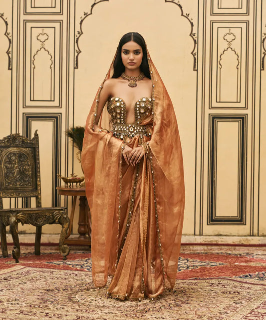 Kesariya Jadaau Corset Saree Set