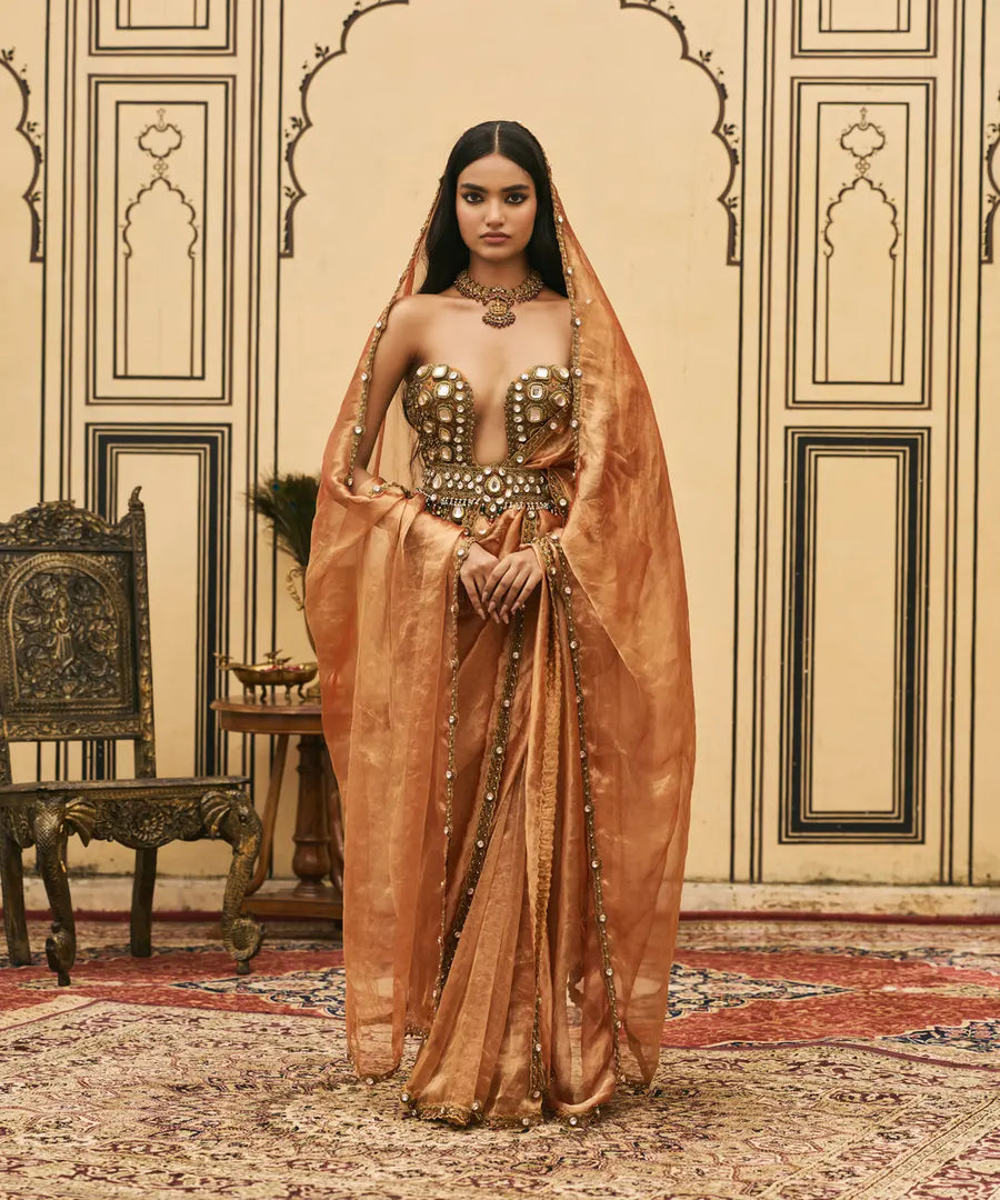 Kesariya Jadaau Corset Saree Set