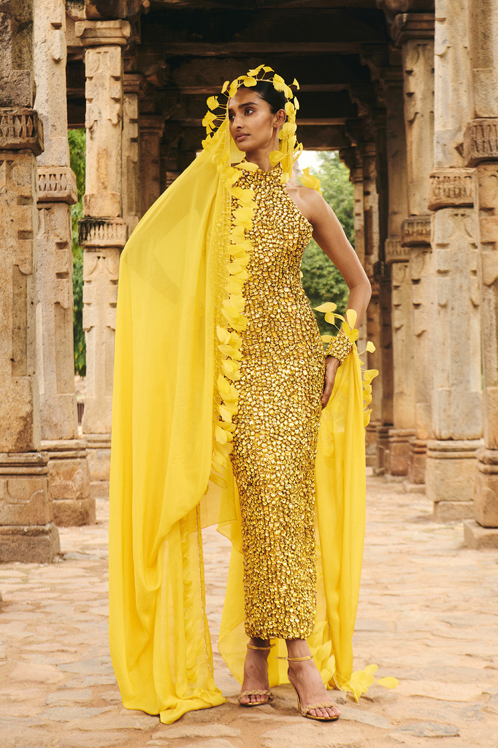 Sonee Yellow Stone Dress With Cape