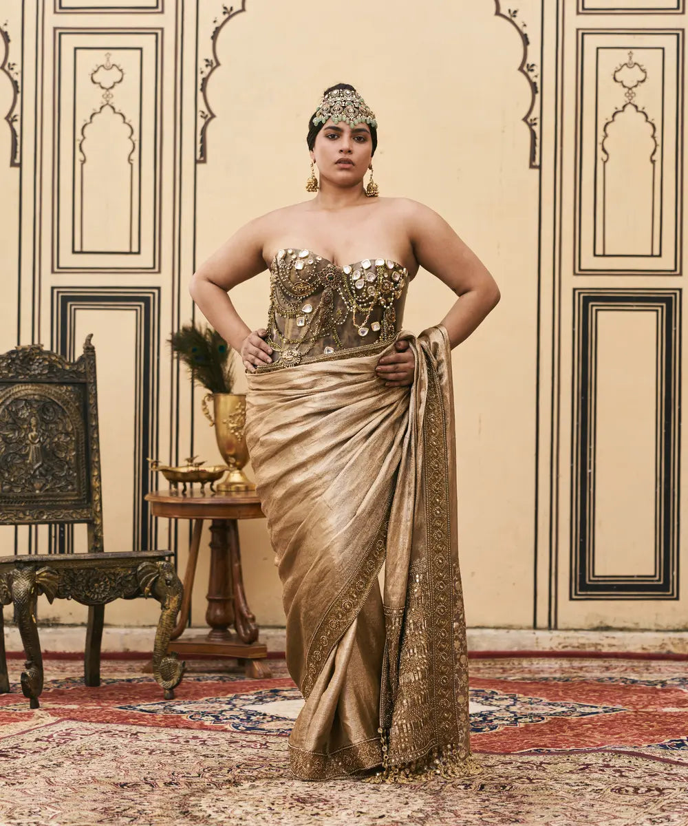 Puratan Tissue Brocade Metal Corset Saree Set