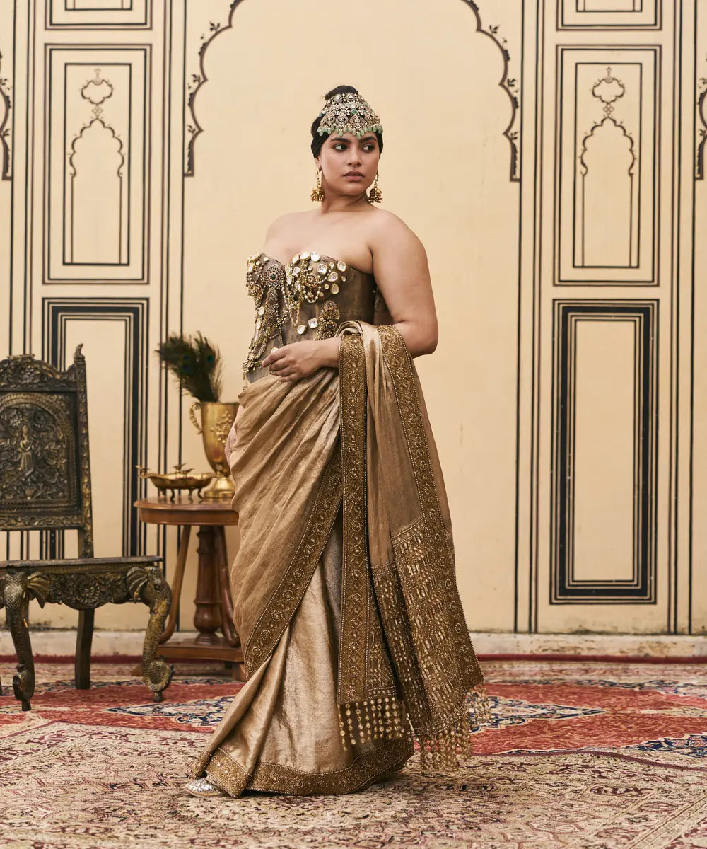 Puratan Tissue Brocade Metal Corset Saree Set