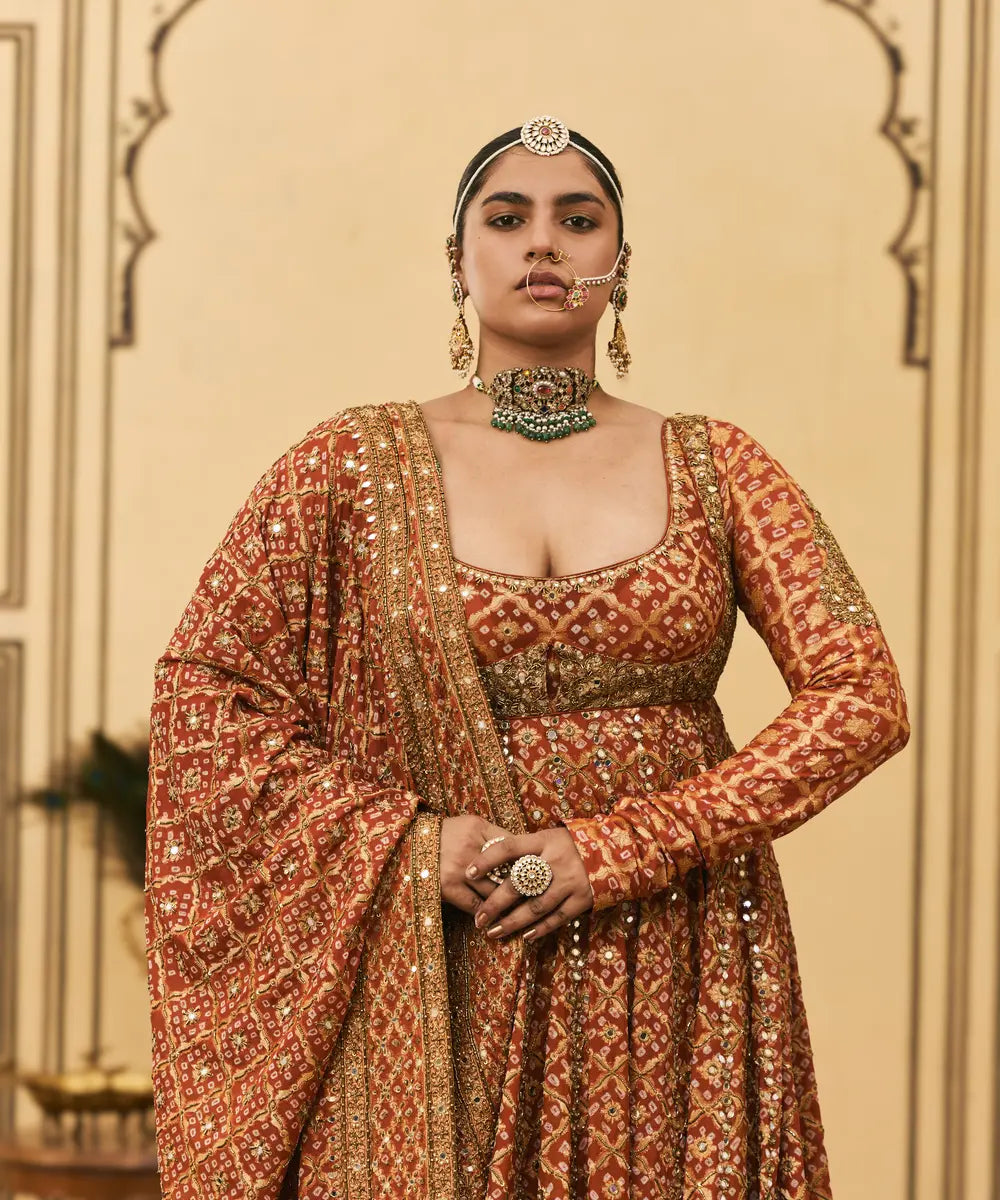 Rust Bandhani Anarkali Set