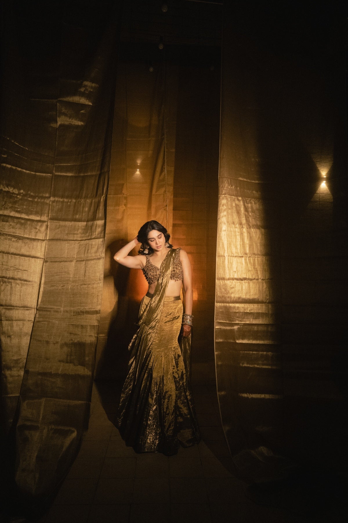 Sharvari in Antique Gold Lehenga Set