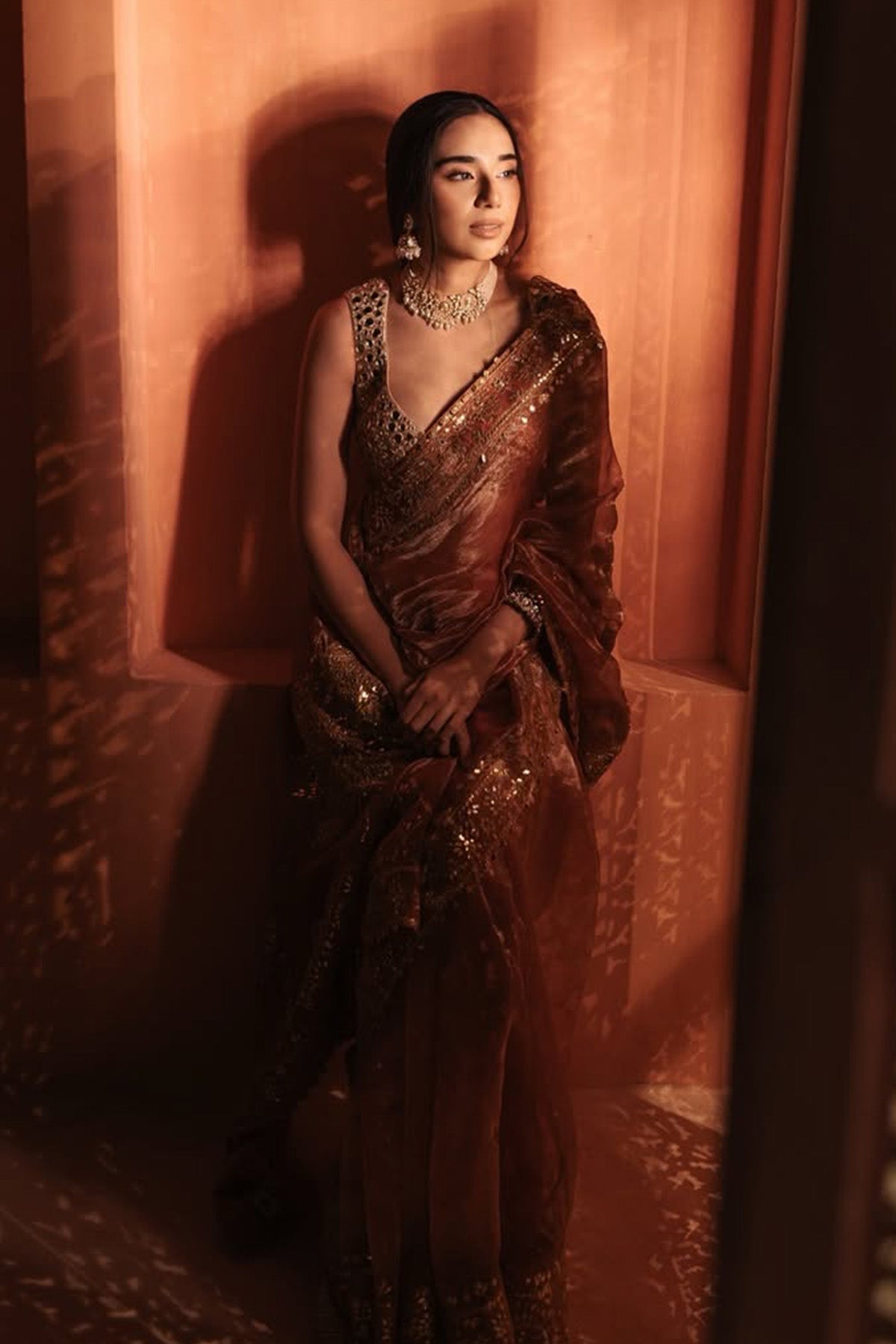 Anupreet Sidhu in Mayur Shilp Saree and Rose Gold Mirror blouse