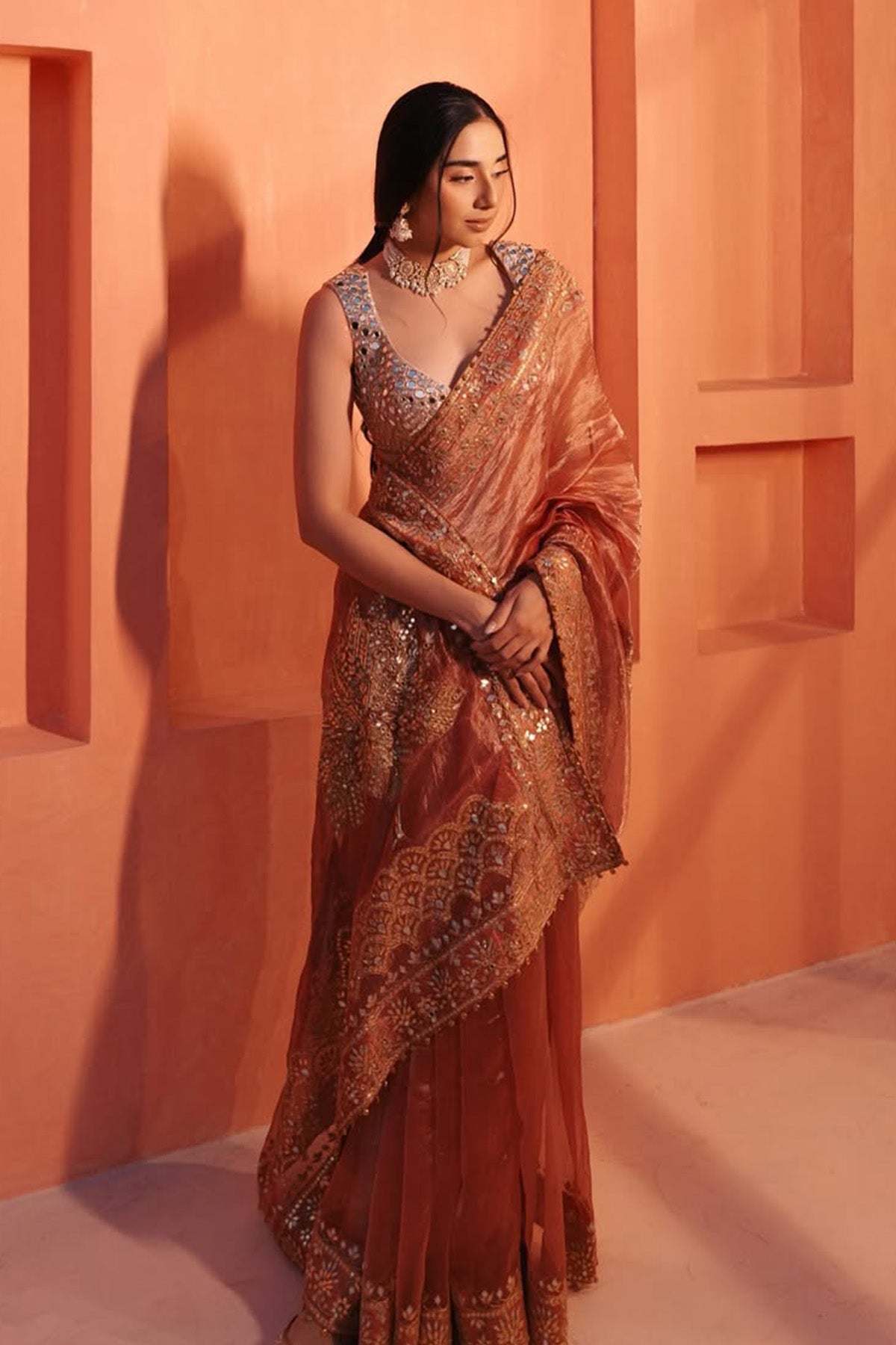Anupreet Sidhu in Mayur Shilp Saree and Rose Gold Mirror blouse