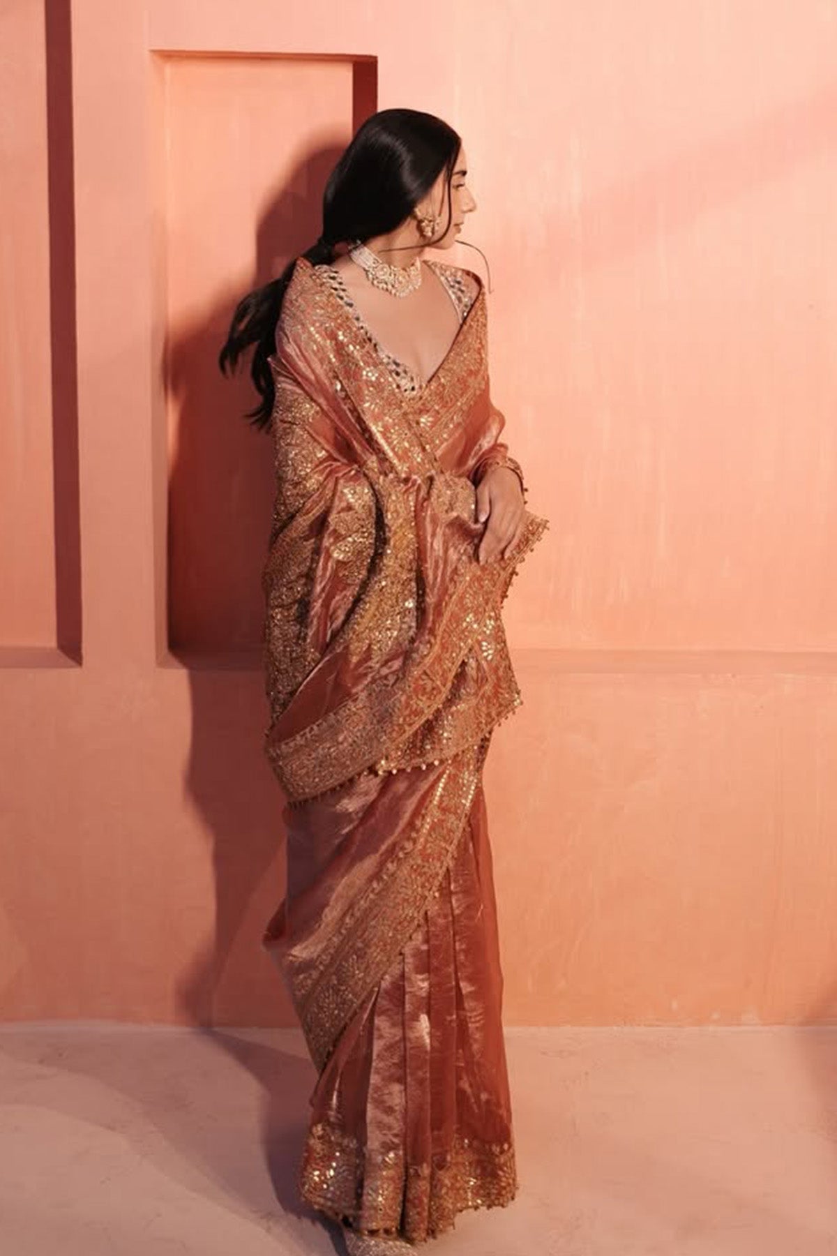 Anupreet Sidhu in Mayur Shilp Saree and Rose Gold Mirror blouse