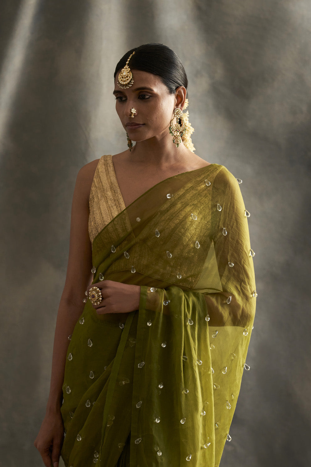 Shamna in Green Kasavu Saree